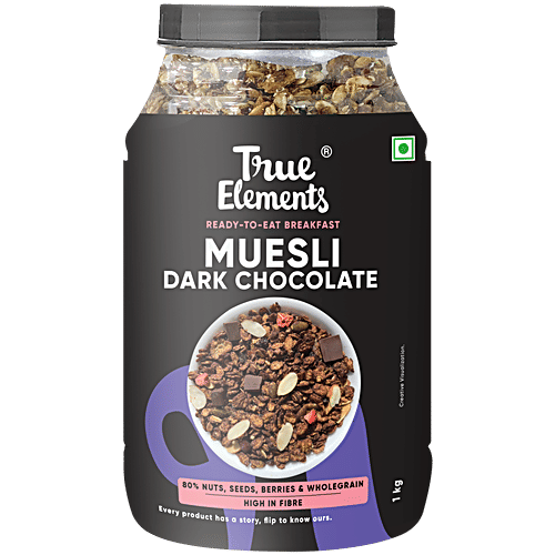 True Elements Dark Chocolate Muesli - Nuts & Berries, Rich In Antioxidants, Ready To Eat Breakfast, 1 kg Jar 