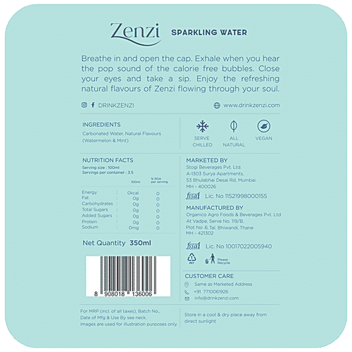 Zenzi Sparkling Water - Watermelon Mint, Natural Flavour, 350 ml Bottle 
