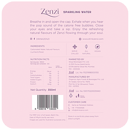 Zenzi Sparkling Water - Lychee Rose, Natural Flavour, 350 ml Bottle 