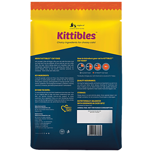 Wiggles.in Kittibles - Cat Food Dry, Adult, Chicken, Tuna Fish, Ashwagandha, Rosemary Extract, 1 kg  