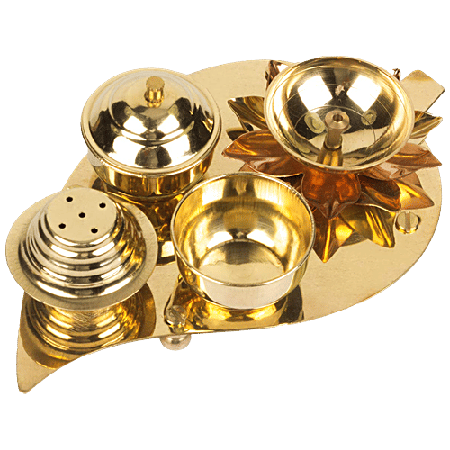 Klassic Model: KL-Thali6M - Pooja Thali, Medium, Leaf-Shape, Brass, For Various Rituals, 1 pc