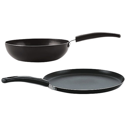 Nirlon Non-Stick Aluminium Cookware Set - Fry Pan & Kadhai, Strong, Durable, Black, 19 Cm, 2 pcs  