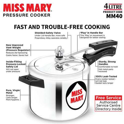 Hawkins Miss Mary Aluminium Inner Lid Pressure Cooker - With Handle, Silver, MM20, 4 l  