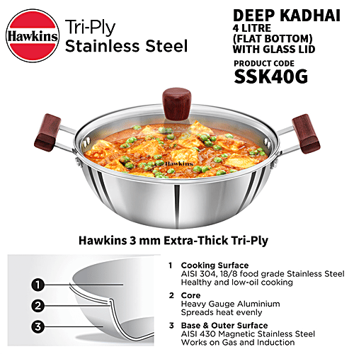 Hawkins Tri-Ply Stainless Steel Deep Fry Pan/Kadai With Glass Lid - 3 Layer, Induction Base, 28 cm, 3 mm, SSK40G, 4 L
