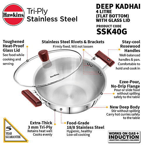 Hawkins Tri-Ply Stainless Steel Deep Fry Pan/Kadai With Glass Lid - 3 Layer, Induction Base, 28 cm, 3 mm, SSK40G, 4 L