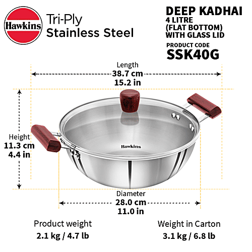 Hawkins Tri-Ply Stainless Steel Deep Fry Pan/Kadai With Glass Lid - 3 Layer, Induction Base, 28 cm, 3 mm, SSK40G, 4 L
