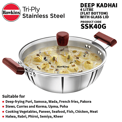 Hawkins Tri-Ply Stainless Steel Deep Fry Pan/Kadai With Glass Lid - 3 Layer, Induction Base, 28 cm, 3 mm, SSK40G, 4 L