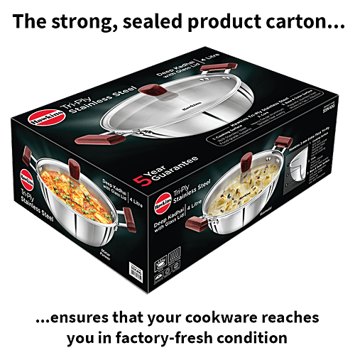 Hawkins Tri-Ply Stainless Steel Deep Fry Pan/Kadai With Glass Lid - 3 Layer, Induction Base, 28 cm, 3 mm, SSK40G, 4 L