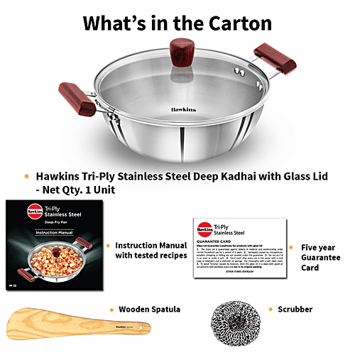 Hawkins Tri-Ply Stainless Steel Deep Fry Pan/Kadai With Glass Lid - 3 Layer, Induction Base, 28 cm, 3 mm, SSK40G, 4 L