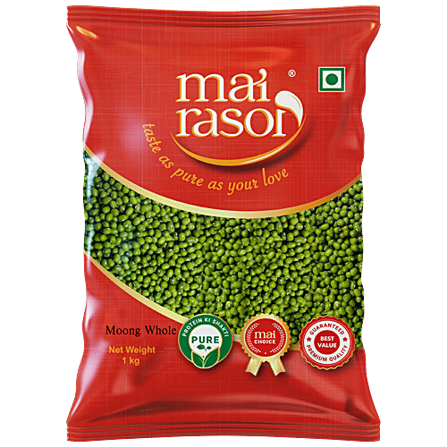 Mai Rasoi Green Hari Moong - Whole Sabut, Unpolished, Protein & Fibre Rich, For Making Soups, Porridge, 1 kg Pouch 