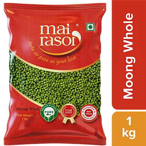 Mai Rasoi Green Hari Moong - Whole Sabut, Unpolished, Protein & Fibre Rich, For Making Soups, Porridge, 1 kg Pouch 