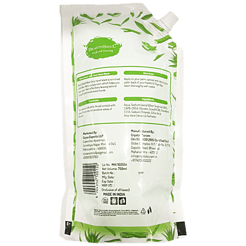 Beautisoul Aloe Vera Handwash Refill Pack - pH Balanced, Paraben Free, Protects Against Germs, 750 ml Pouch