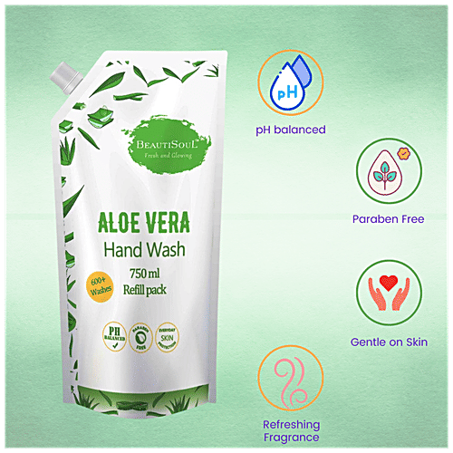 Beautisoul Aloe Vera Handwash Refill Pack - pH Balanced, Paraben Free, Protects Against Germs, 750 ml Pouch