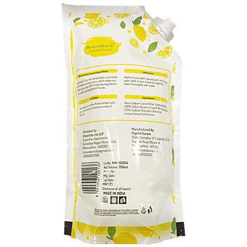 Beautisoul Lemon Handwash Refill Pack - pH Balanced, Paraben Free, Protects Against Germs, 750 ml Pouch 