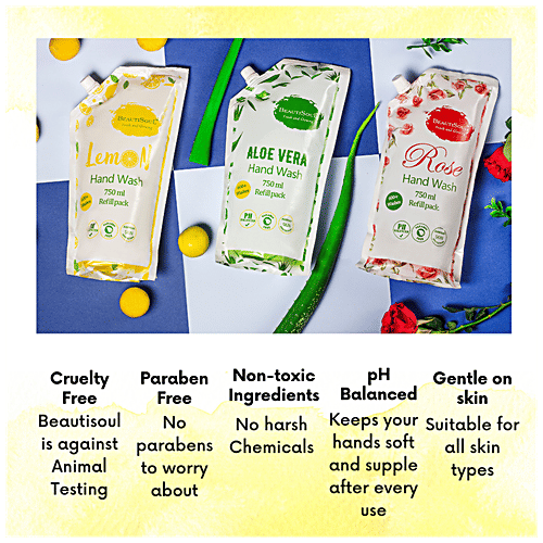 Beautisoul Lemon Handwash Refill Pack - pH Balanced, Paraben Free, Protects Against Germs, 750 ml Pouch 