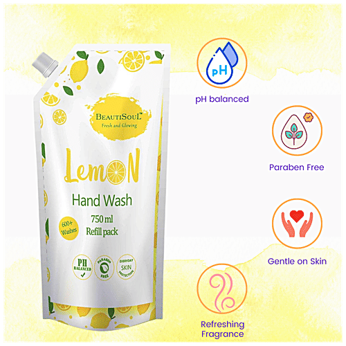 Beautisoul Lemon Handwash Refill Pack - pH Balanced, Paraben Free, Protects Against Germs, 750 ml Pouch 