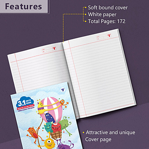 Target Publications 3 in 1 Notebook - Single Line, Four Line, Square 9 MM, 172 Pages, Soft Bound, 57 GSM, 1 pc 3 in 1 Notebook
High-quality Paper
Eco-friendly