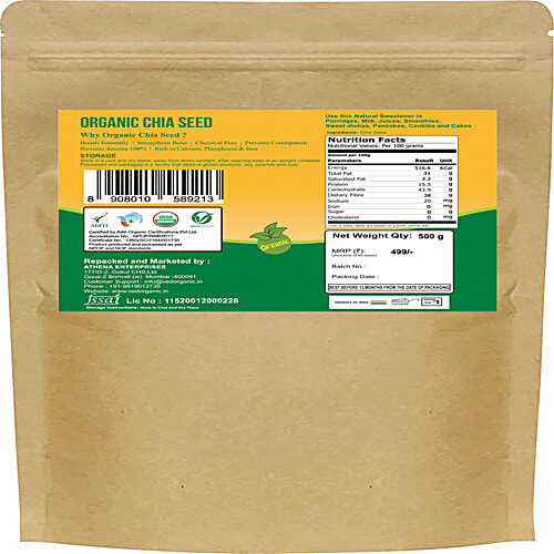 Ved Farm Organic Chia Seeds - Rich In Vitamins & Minerals, Prevents Constipation, Chemical Free, 500 g Pouch 