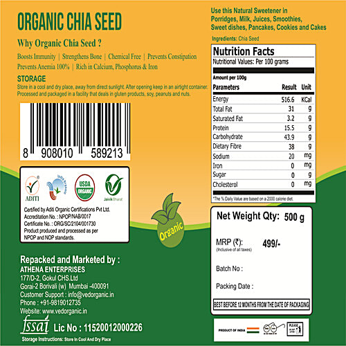 Ved Farm Organic Chia Seeds - Rich In Vitamins & Minerals, Prevents Constipation, Chemical Free, 500 g Pouch 
