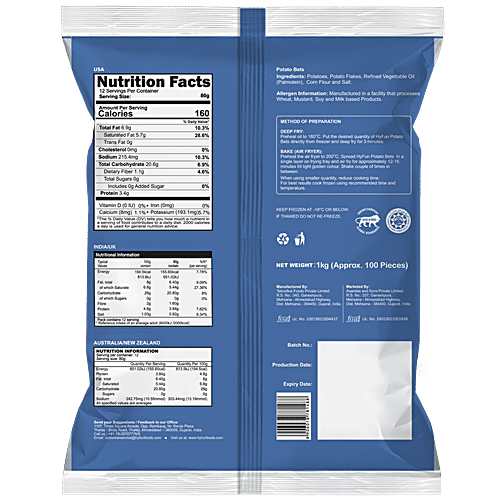 HyFun Potato Bets - Rich In Protein & Fibre, Crispy, No Preservatives, Frozen Snack, 1 kg