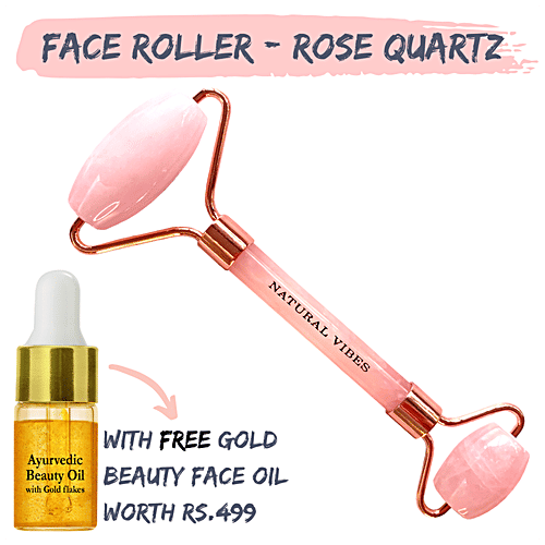 Natural Vibes Rose Quartz Roller & Massager - Face, Neck & Body, Improves Blood Circulation, Rejuvenates Skin,, 1 pc (Free Gold Beauty Elixir Oil 3 ml)