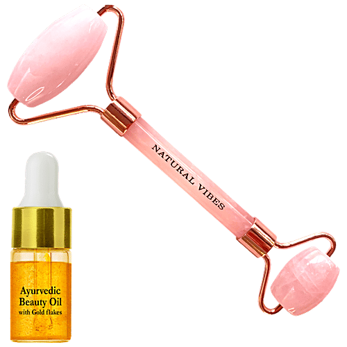 Natural Vibes Rose Quartz Roller & Massager - Face, Neck & Body, Improves Blood Circulation, Rejuvenates Skin,, 1 pc (Free Gold Beauty Elixir Oil 3 ml)
