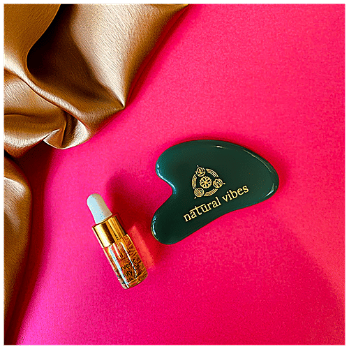 Natural Vibes Jade Gua Sha  - For Face, Neck & Under Eye, Improves Blood Circulation, Rejuvenates Skin, 1 pc (Free Gold Beauty Elixir Oil - 3 ml) 