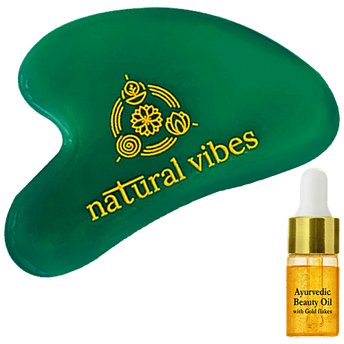 Natural Vibes Jade Gua Sha  - For Face, Neck & Under Eye, Improves Blood Circulation, Rejuvenates Skin, 1 pc (Free Gold Beauty Elixir Oil - 3 ml) 