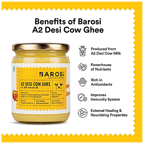 Barosi A2 Desi Cow Ghee, 500 ml Jar 