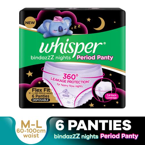 Whisper Bindazzz Nights - Period Panties, 360 Degree Leakage Protection,  Flex Fit, Disposable, M-L, 6 pcs