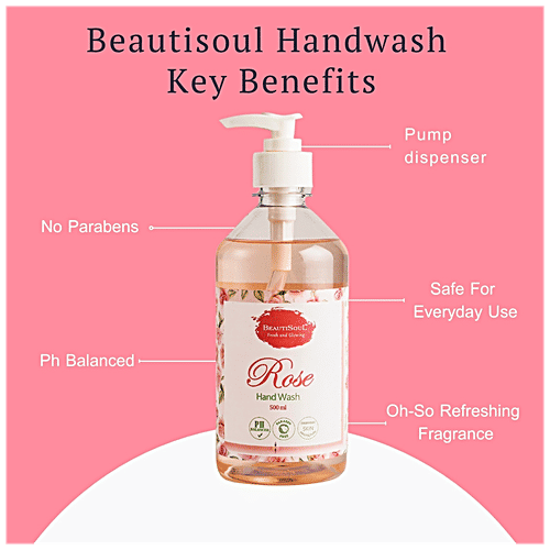 Beautisoul Rose Handwash -  Pure Glycerin & Petals Extract,  pH Balanced, Germ Protection, Moisturising, 500 g Pump 