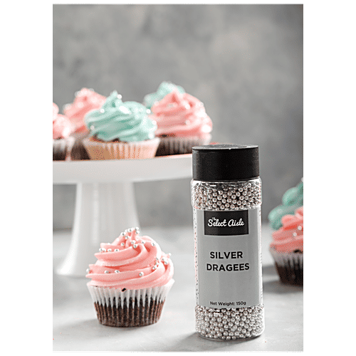 The Select Aisle Silver Dragees - Premium, Rich, For Cake Decorations, Baked Desserts, 150 g Jar