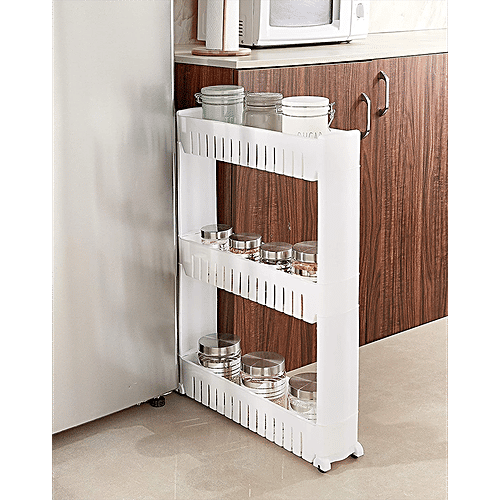 Floraware 3 Layer Storage Organizer Plastic Rack/Shelf With Wheels - Strong & Durable, White, 1 pc  