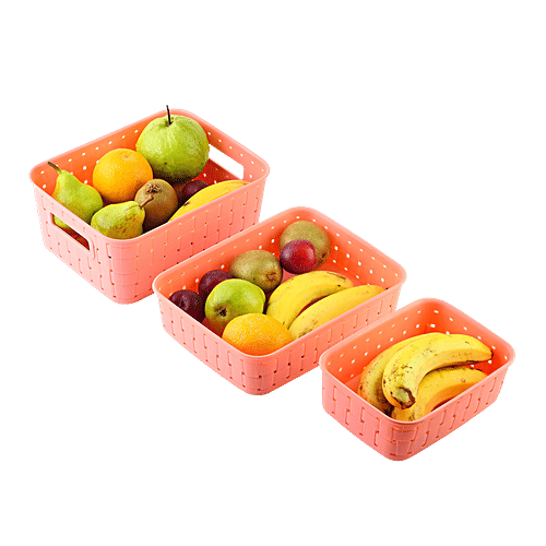Floraware Smart Kitchen Storage Basket Set - Durable, Plastic, Small, Medium & Large, Pink, 3 pcs