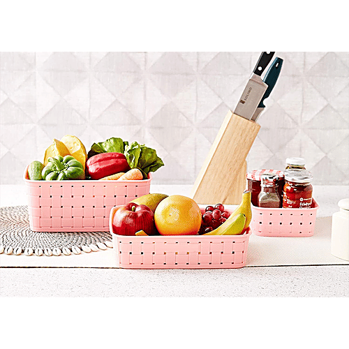 Floraware Smart Kitchen Storage Basket Set - Durable, Plastic, Small, Medium & Large, Pink, 3 pcs