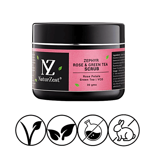 NaturZest Zephyr Rose Green Tea Scrub - Natural, Calming, Moisturising, Improves Skin Elasticity, 25 g Pouch