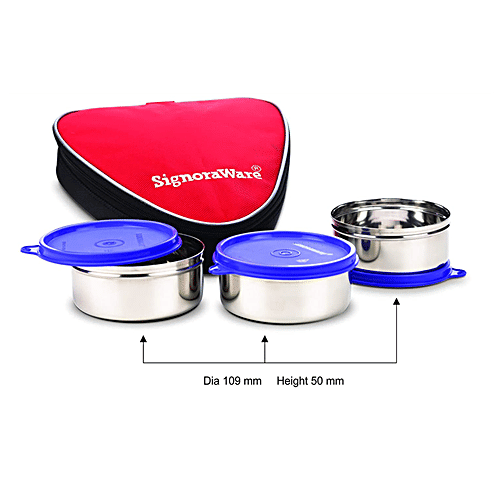Signoraware Sleek Steel Lunch Box - Leakproof, Red, 350 ml (Set of 3)