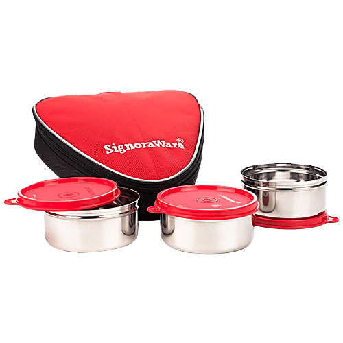 Signoraware Sleek Steel Lunch Box - Leakproof, Red, 350 ml (Set of 3)