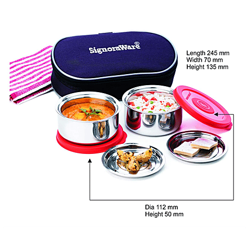 Signoraware Mid Day Double Wall/Twin Wall Medium Steel Lunch Box With Cover Plates - Leakproof, 260 ml (Set of 2)