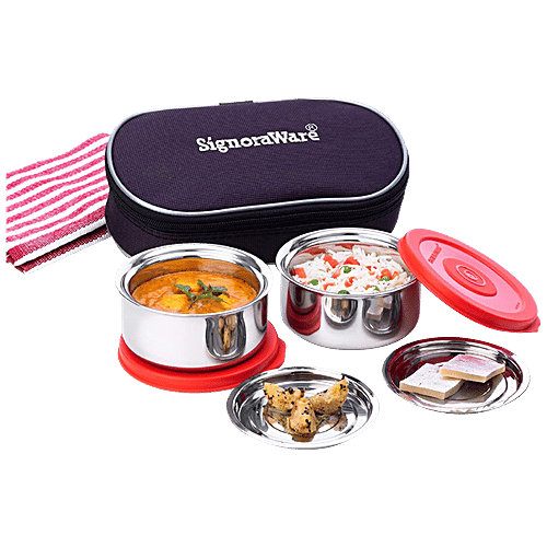 Signoraware Mid Day Double Wall/Twin Wall Medium Steel Lunch Box With Cover Plates - Leakproof, 260 ml (Set of 2)