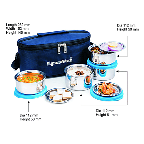 Signoraware Double Decker Double Wall/Twin Wall Medium Steel Lunch Box Set With Cover Plates - Leakproof, 4 pcs  