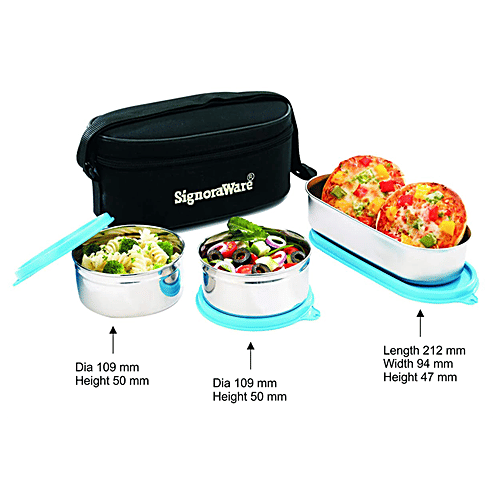 Signoraware Double Decker Special Steel Lunch Box Set With Black Bag - Durable, Leakproof, 3 pcs  