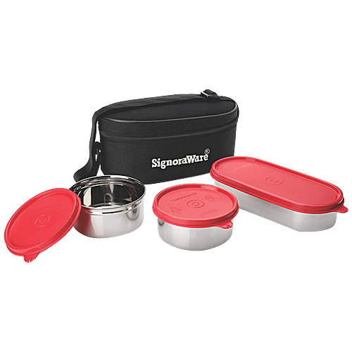 Signoraware Double Decker Special Steel Lunch Box Set With Black Bag - Durable, Leakproof, 3 pcs  