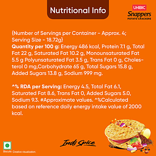 Unibic Snappers Potato Crackers - Indi Spice, Light, Crispy Snack, 70 g  