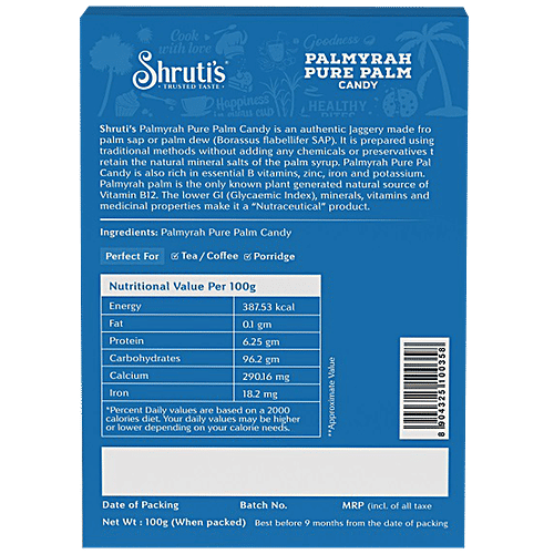 Shruti's Palmyrah Pure Palm Candy -  Natural , Organically Processed, Vitamin B12 Rich, 100 g Carton 
