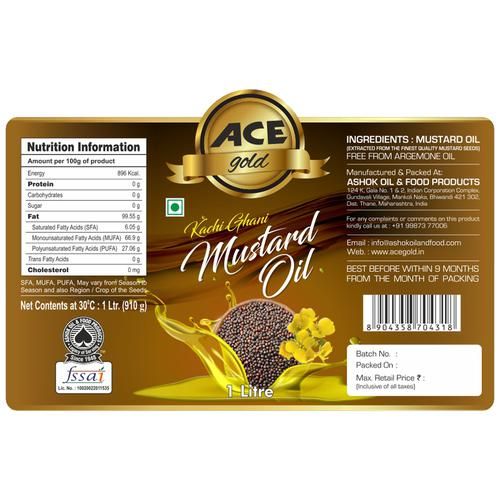 Ace Gold  Kachi Ghani Mustard Oil - Loaded With Vitamins & Minerals, Rich In Omega-3 fatty Acid, 1 L  