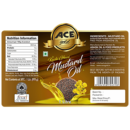 Ace Gold Kachi Ghani Mustard Oil - Loaded With Vitamins & Minerals, Rich In Omega-3 fatty Acid, 1 L