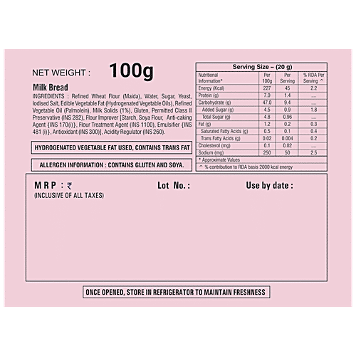 Dinshaws Milk Bread - Baked, Soft, No Trans Fat & Preservative Free, 100 g  