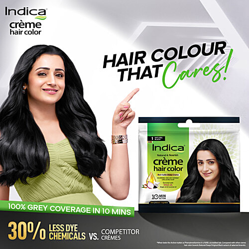 Indica Crème 10 Minutes Hair Color, 40 ml Natural Black 1 100% Grey Coverage, Ammonia Free, Long Lasting Colour, With Onion, Argan & Coconut Oils