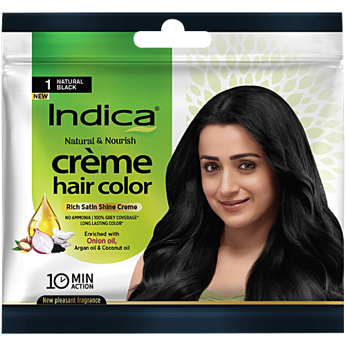 Indica Crème 10 Minutes Hair Color, 40 ml Natural Black 1 100% Grey Coverage, Ammonia Free, Long Lasting Colour, With Onion, Argan & Coconut Oils